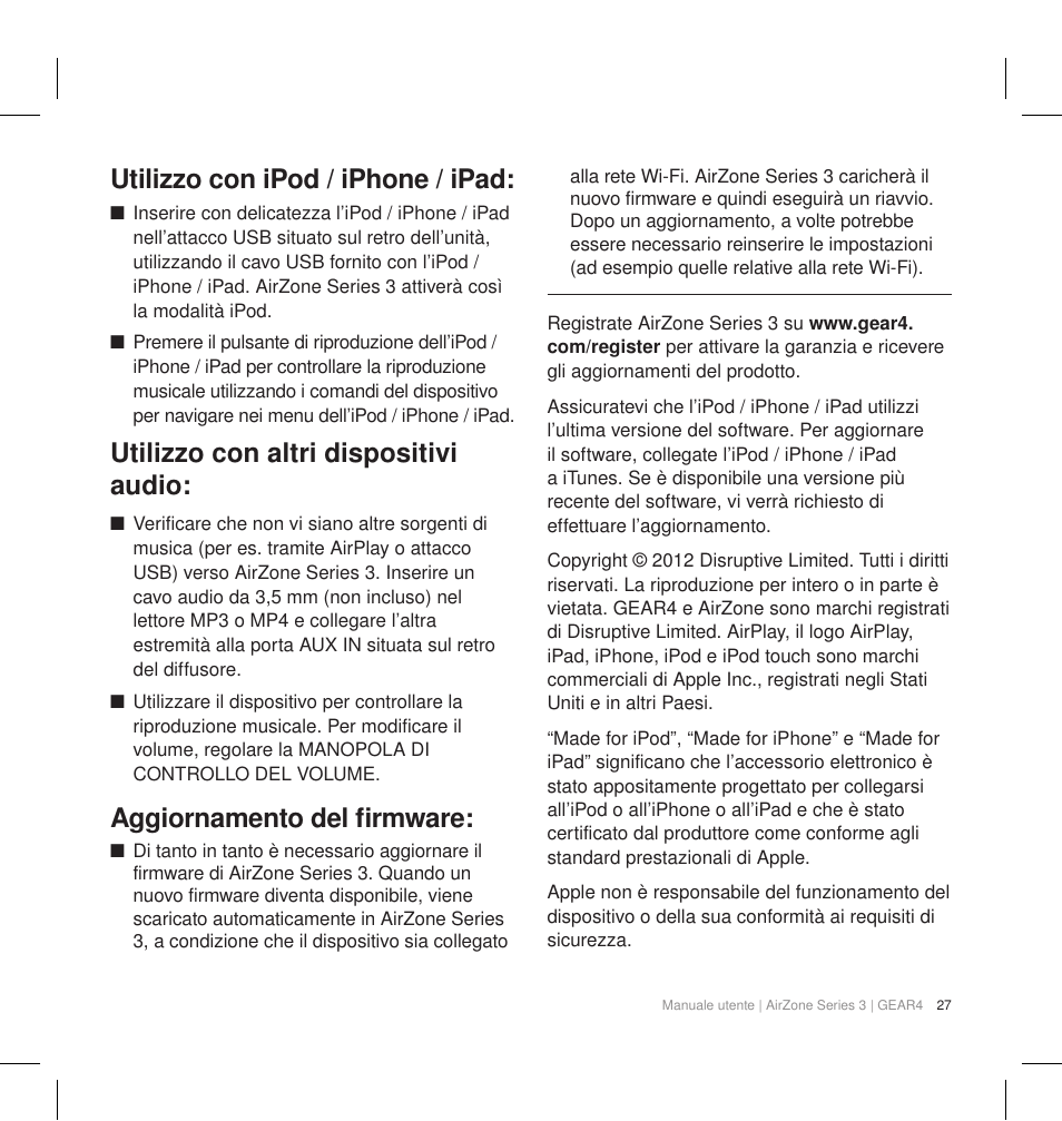 Utilizzo con ipod / iphone / ipad, Utilizzo con altri dispositivi audio, Aggiornamento del firmware | GEAR4 AirZone Series 3 User Manual | Page 30 / 66