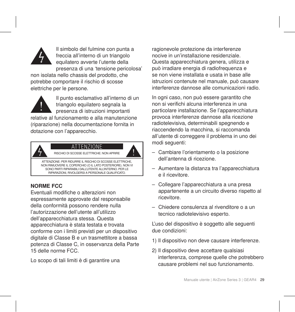 Attenzione | GEAR4 AirZone Series 3 User Manual | Page 32 / 66