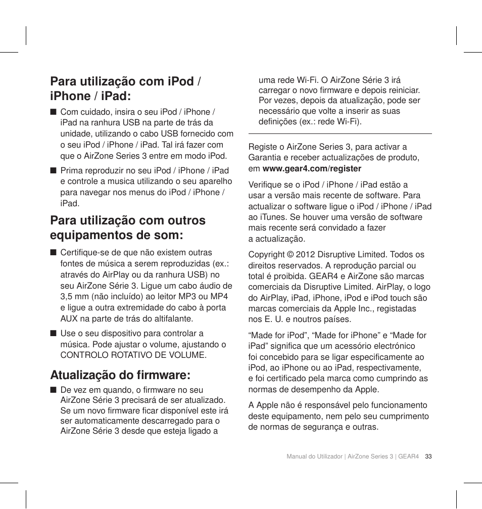 Para utilização com ipod / iphone / ipad, Para utilização com outros equipamentos de som, Atualização do firmware | GEAR4 AirZone Series 3 User Manual | Page 36 / 66