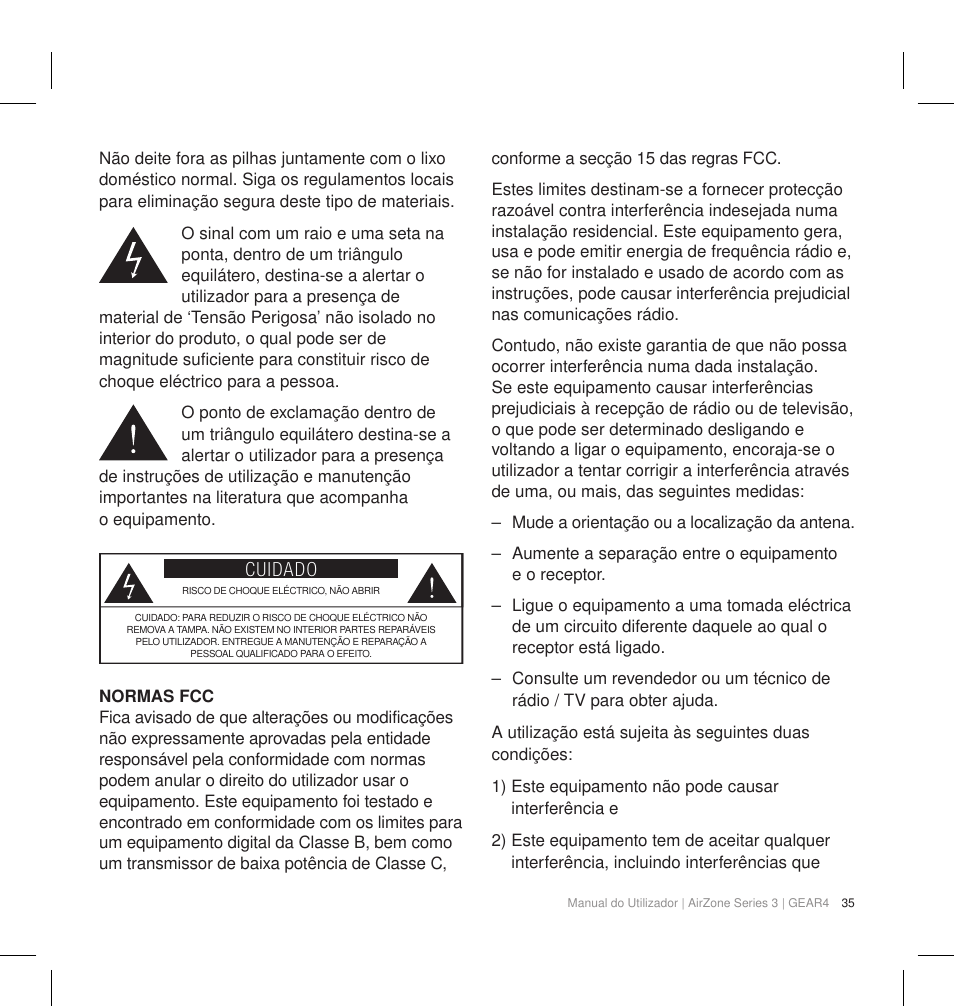 Cuidado | GEAR4 AirZone Series 3 User Manual | Page 38 / 66