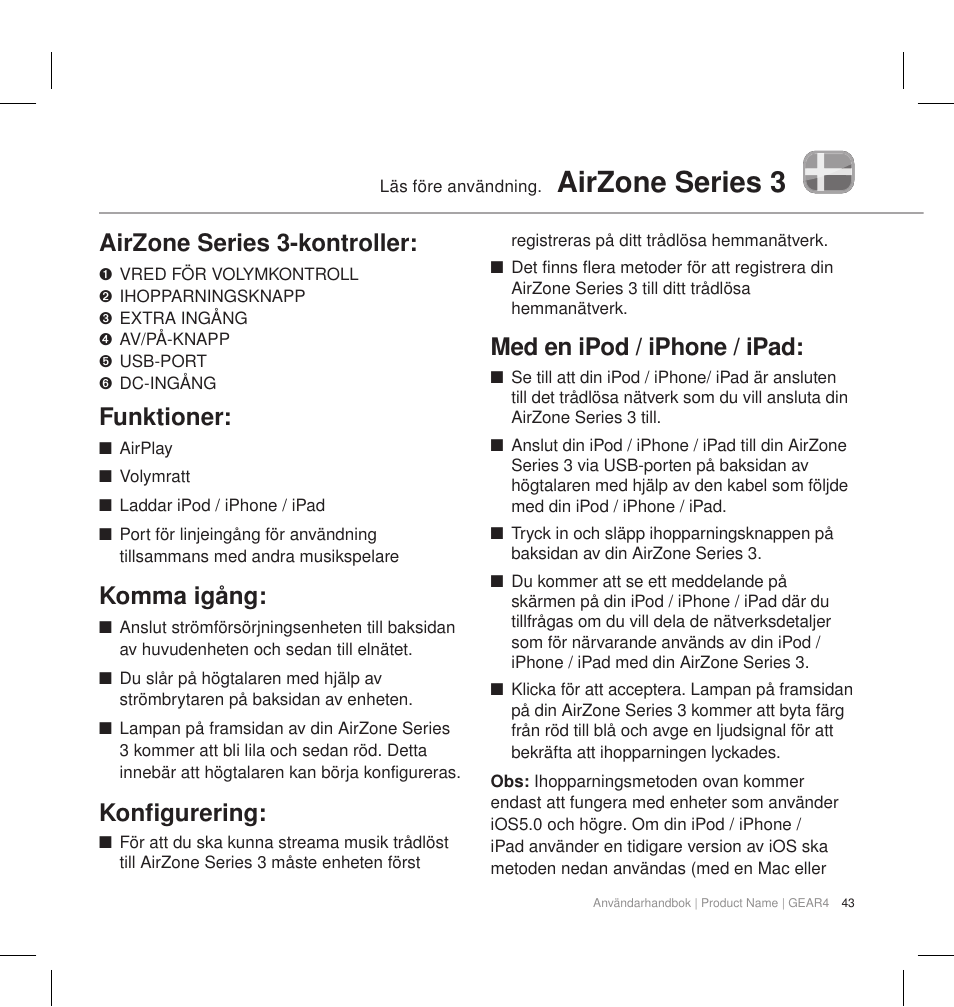 Airzone series 3, Airzone series 3-kontroller, Funktioner | Komma igång, Konfigurering, Med en ipod / iphone / ipad | GEAR4 AirZone Series 3 User Manual | Page 46 / 66