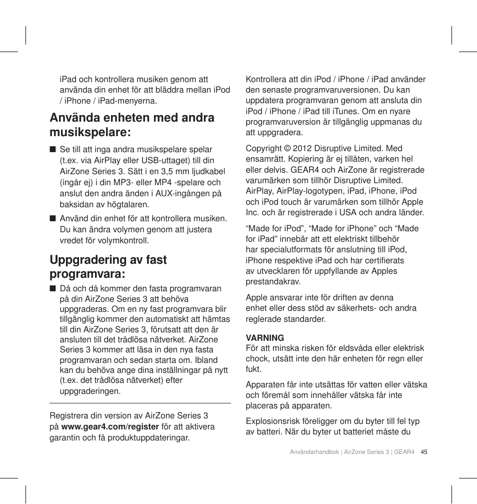 Använda enheten med andra musikspelare, Uppgradering av fast programvara | GEAR4 AirZone Series 3 User Manual | Page 48 / 66