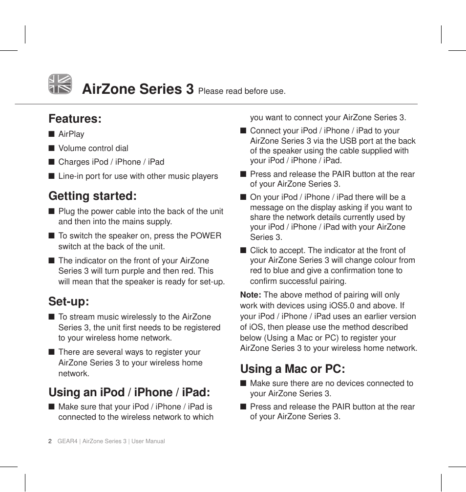 Airzone series 3, Features, Getting started | Set-up, Using an ipod / iphone / ipad, Using a mac or pc | GEAR4 AirZone Series 3 User Manual | Page 5 / 66