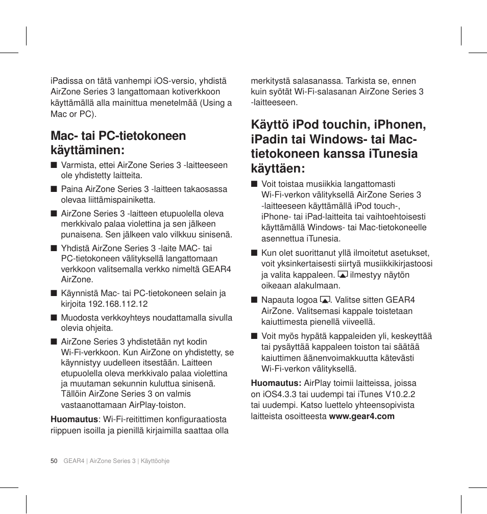 Mac- tai pc-tietokoneen käyttäminen | GEAR4 AirZone Series 3 User Manual | Page 53 / 66