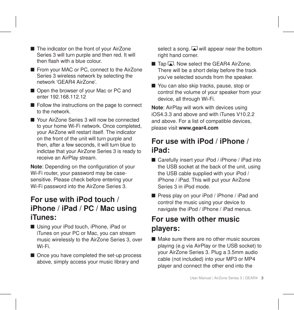 For use with ipod / iphone / ipad, For use with other music players | GEAR4 AirZone Series 3 User Manual | Page 6 / 66