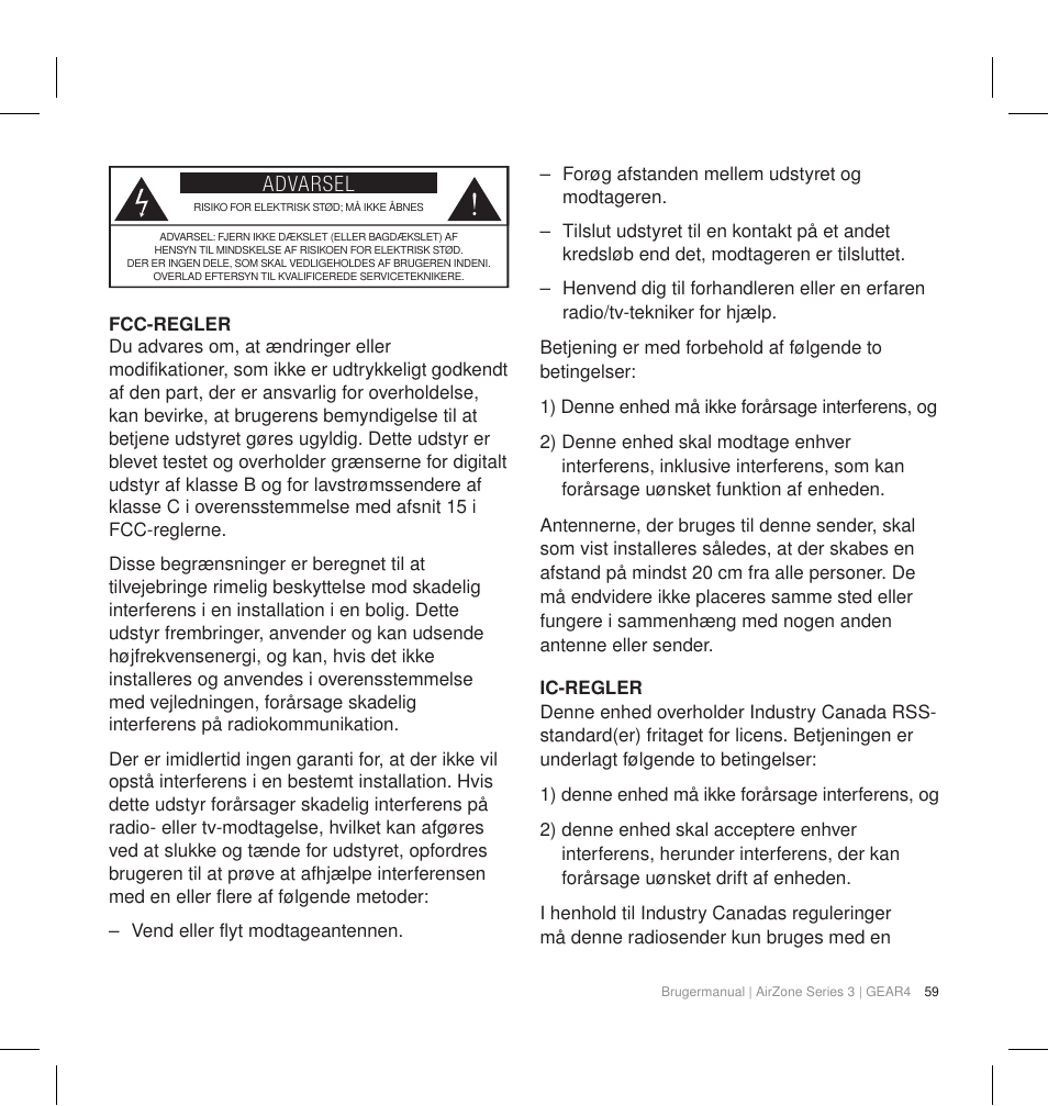 Advarsel | GEAR4 AirZone Series 3 User Manual | Page 62 / 66