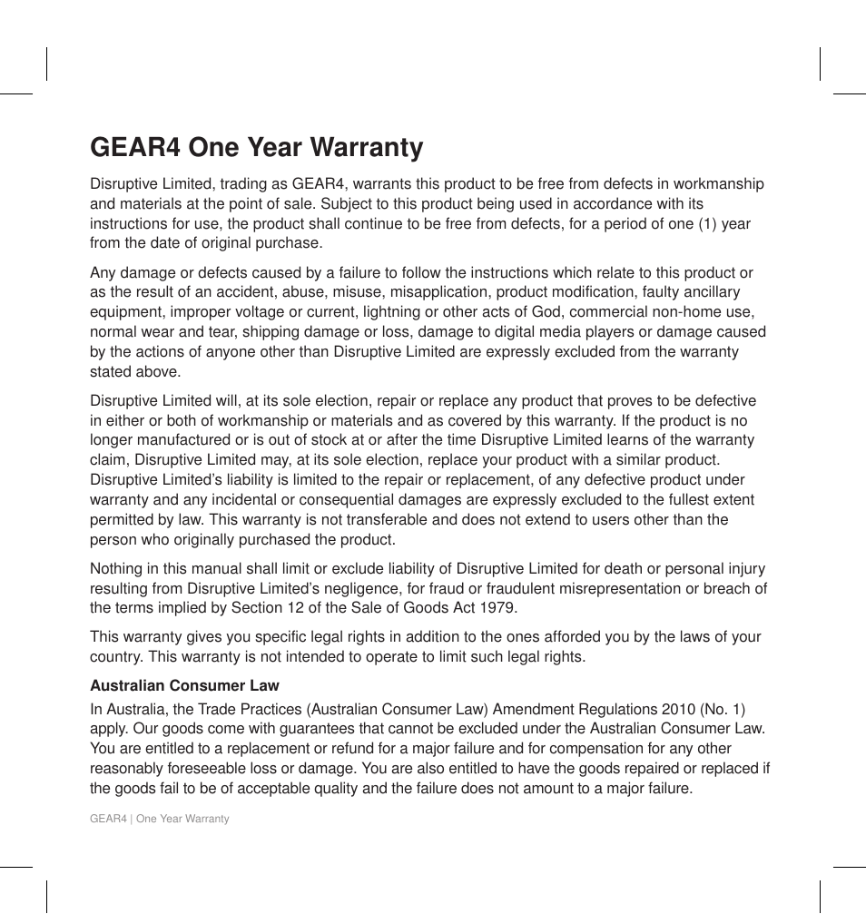 Gear4 one year warranty | GEAR4 AirZone Series 3 User Manual | Page 65 / 66