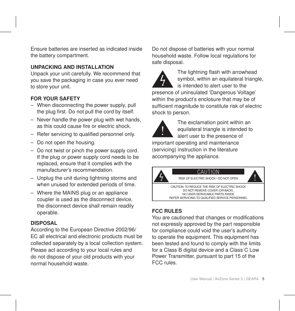 Caution | GEAR4 AirZone Series 3 User Manual | Page 8 / 66