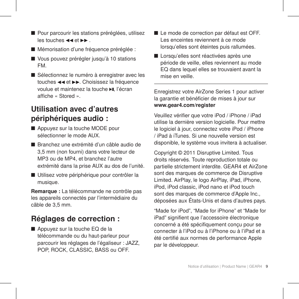 Utilisation avec d’autres périphériques audio, Réglages de correction | GEAR4 AirZone Series 1 User Manual | Page 11 / 62