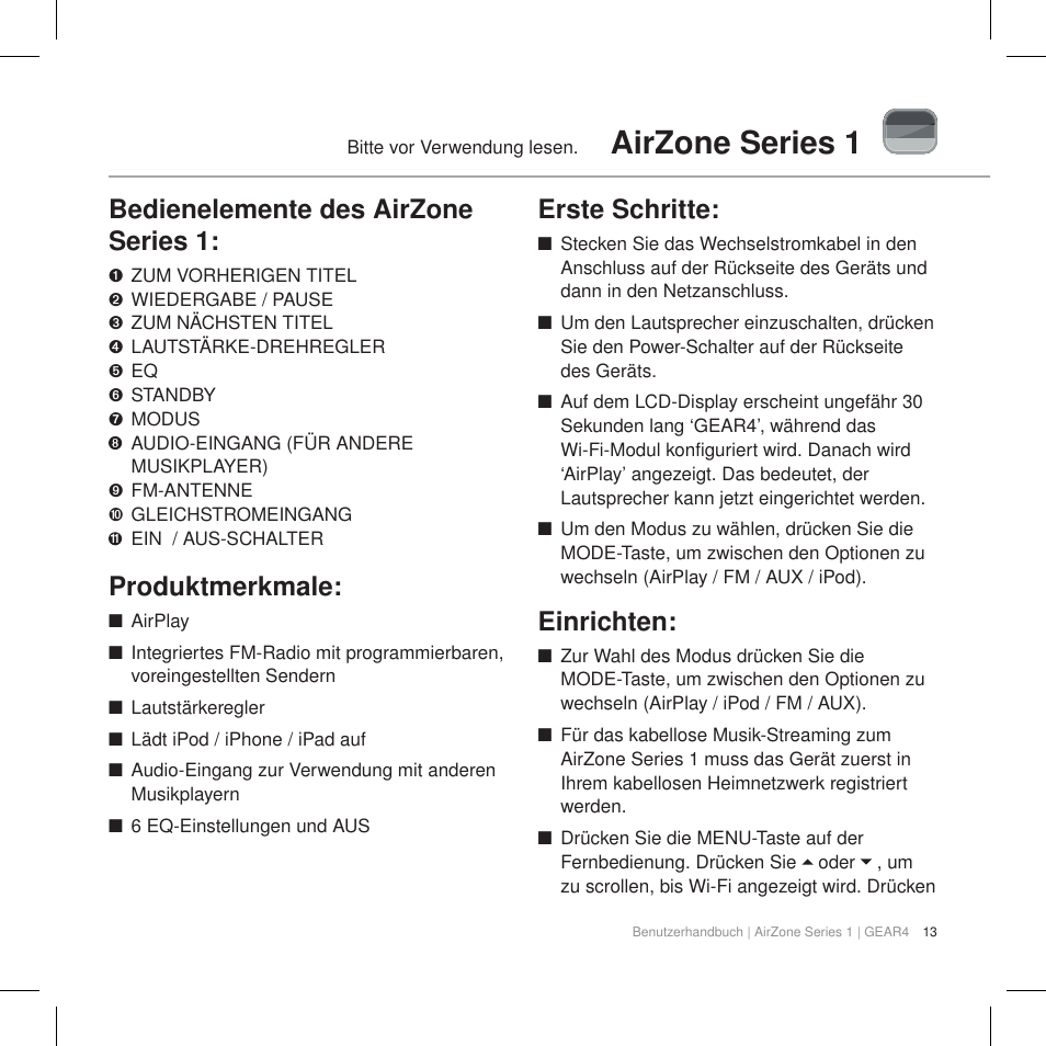 Airzone series 1, Bedienelemente des airzone series 1, Produktmerkmale | Erste schritte, Einrichten | GEAR4 AirZone Series 1 User Manual | Page 15 / 62