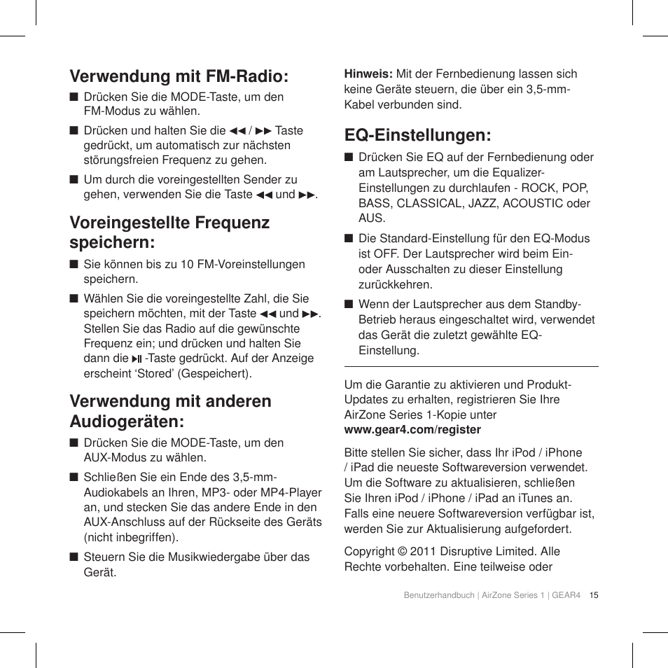 Verwendung mit fm-radio, Voreingestellte frequenz speichern, Verwendung mit anderen audiogeräten | Eq-einstellungen | GEAR4 AirZone Series 1 User Manual | Page 17 / 62