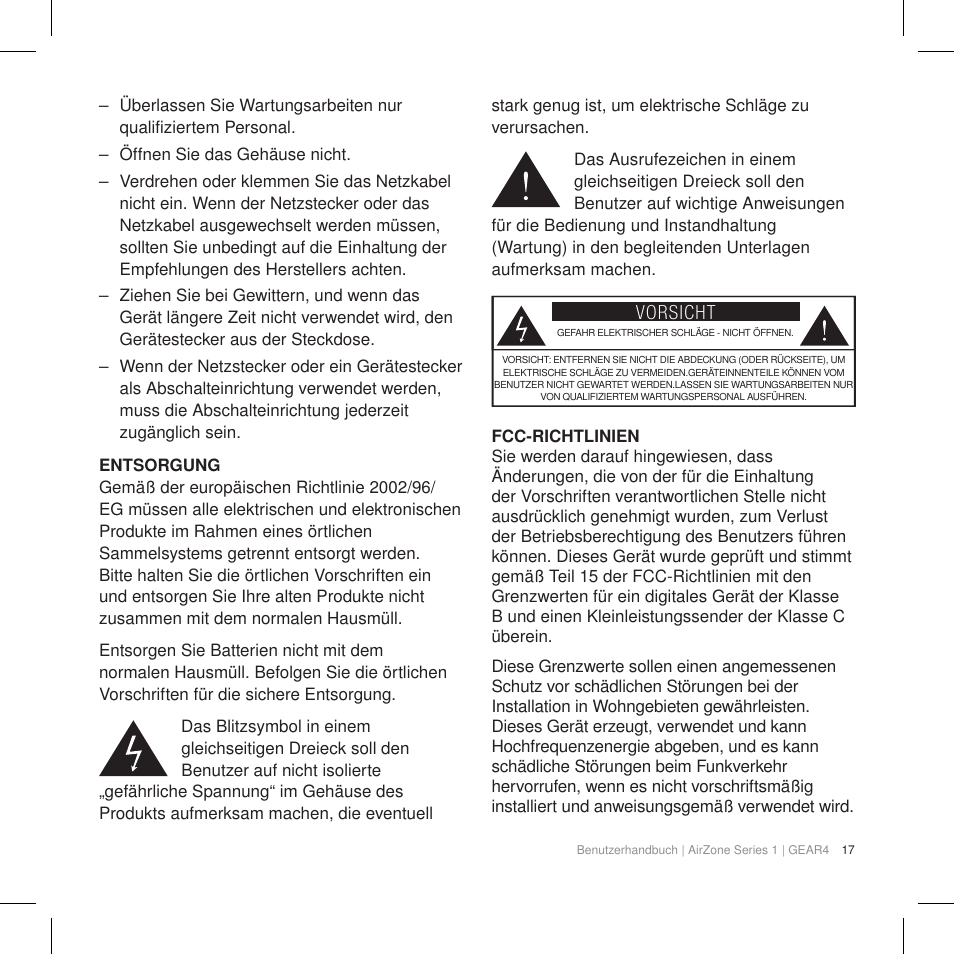 Vorsicht | GEAR4 AirZone Series 1 User Manual | Page 19 / 62