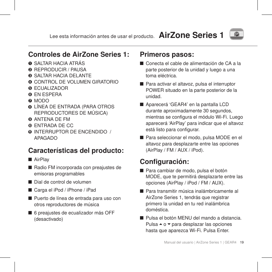 Airzone series 1, Controles de airzone series 1, Características del producto | Primeros pasos, Configuración | GEAR4 AirZone Series 1 User Manual | Page 21 / 62