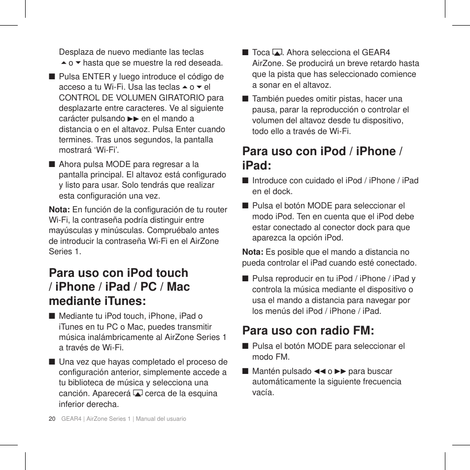 Para uso con ipod / iphone / ipad, Para uso con radio fm | GEAR4 AirZone Series 1 User Manual | Page 22 / 62