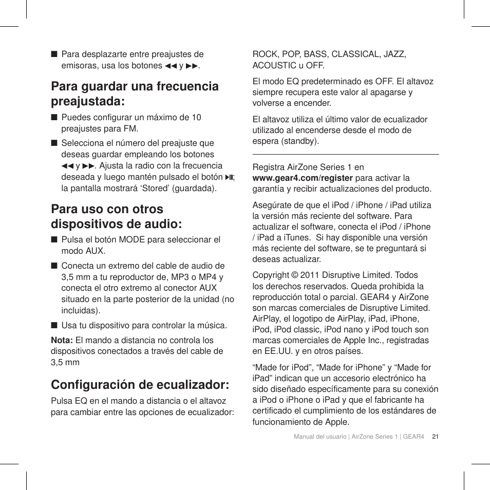 Para guardar una frecuencia preajustada, Para uso con otros dispositivos de audio, Configuración de ecualizador | GEAR4 AirZone Series 1 User Manual | Page 23 / 62