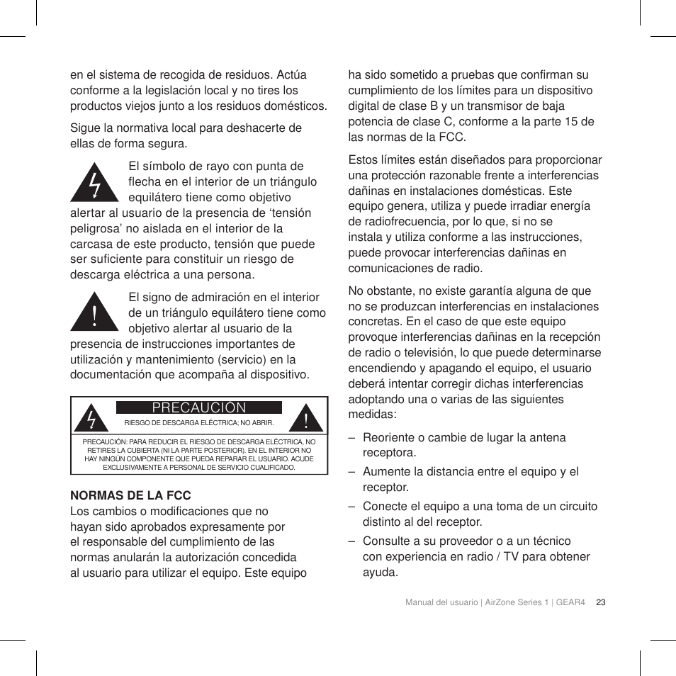 Precaución | GEAR4 AirZone Series 1 User Manual | Page 25 / 62
