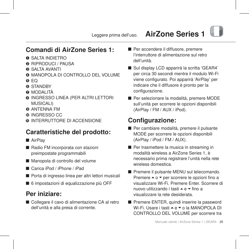 Airzone series 1, Comandi di airzone series 1, Caratteristiche del prodotto | Per iniziare, Configurazione | GEAR4 AirZone Series 1 User Manual | Page 27 / 62