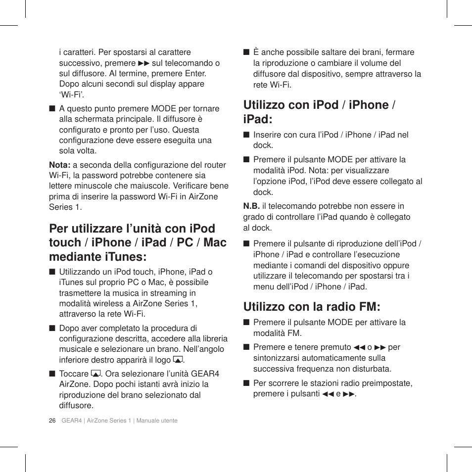 Utilizzo con ipod / iphone / ipad, Utilizzo con la radio fm | GEAR4 AirZone Series 1 User Manual | Page 28 / 62