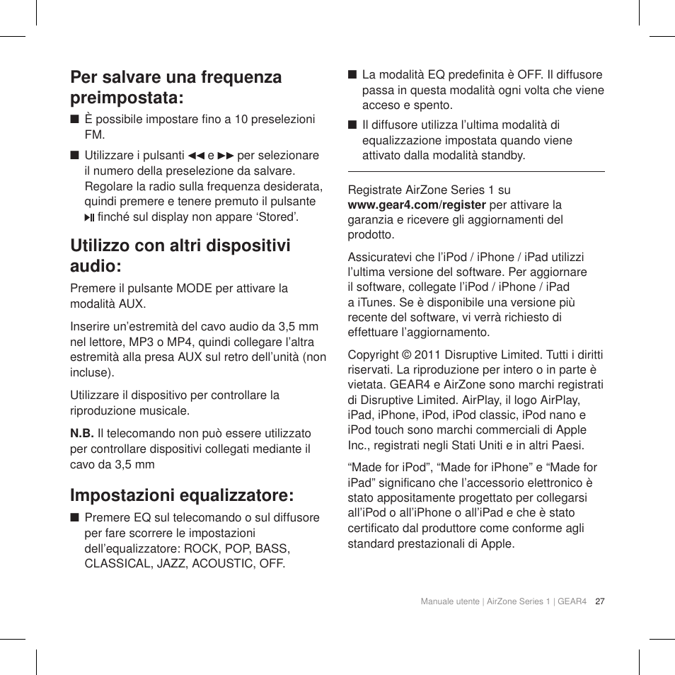 Per salvare una frequenza preimpostata, Utilizzo con altri dispositivi audio, Impostazioni equalizzatore | GEAR4 AirZone Series 1 User Manual | Page 29 / 62