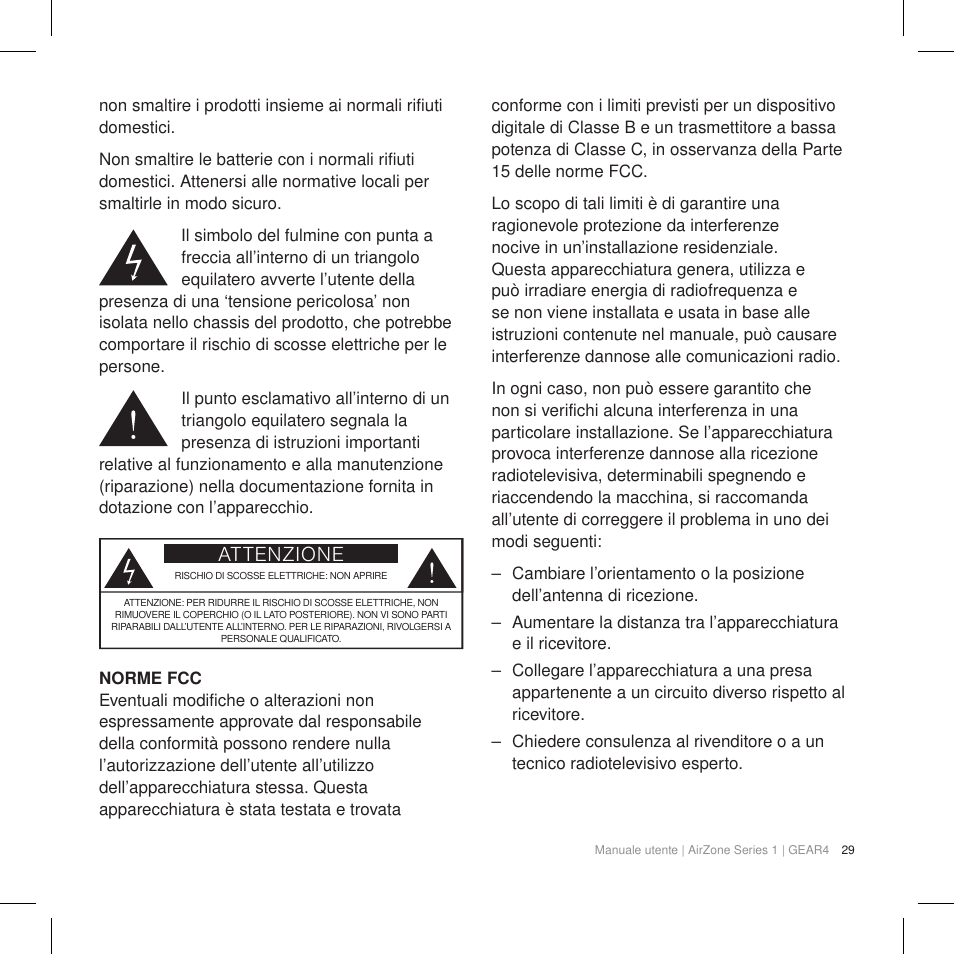 Attenzione | GEAR4 AirZone Series 1 User Manual | Page 31 / 62