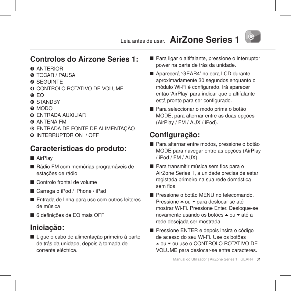 Airzone series 1, Controlos do airzone series 1, Características do produto | Iniciação, Configuração | GEAR4 AirZone Series 1 User Manual | Page 33 / 62