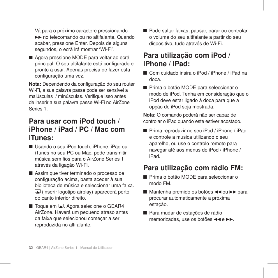 Para utilização com ipod / iphone / ipad, Para utilização com rádio fm | GEAR4 AirZone Series 1 User Manual | Page 34 / 62