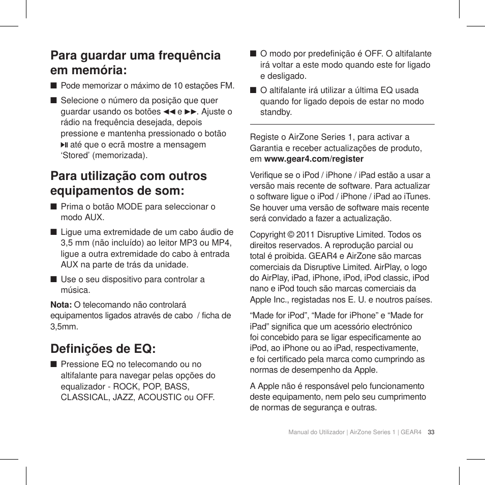 Para guardar uma frequência em memória, Para utilização com outros equipamentos de som, Definições de eq | GEAR4 AirZone Series 1 User Manual | Page 35 / 62