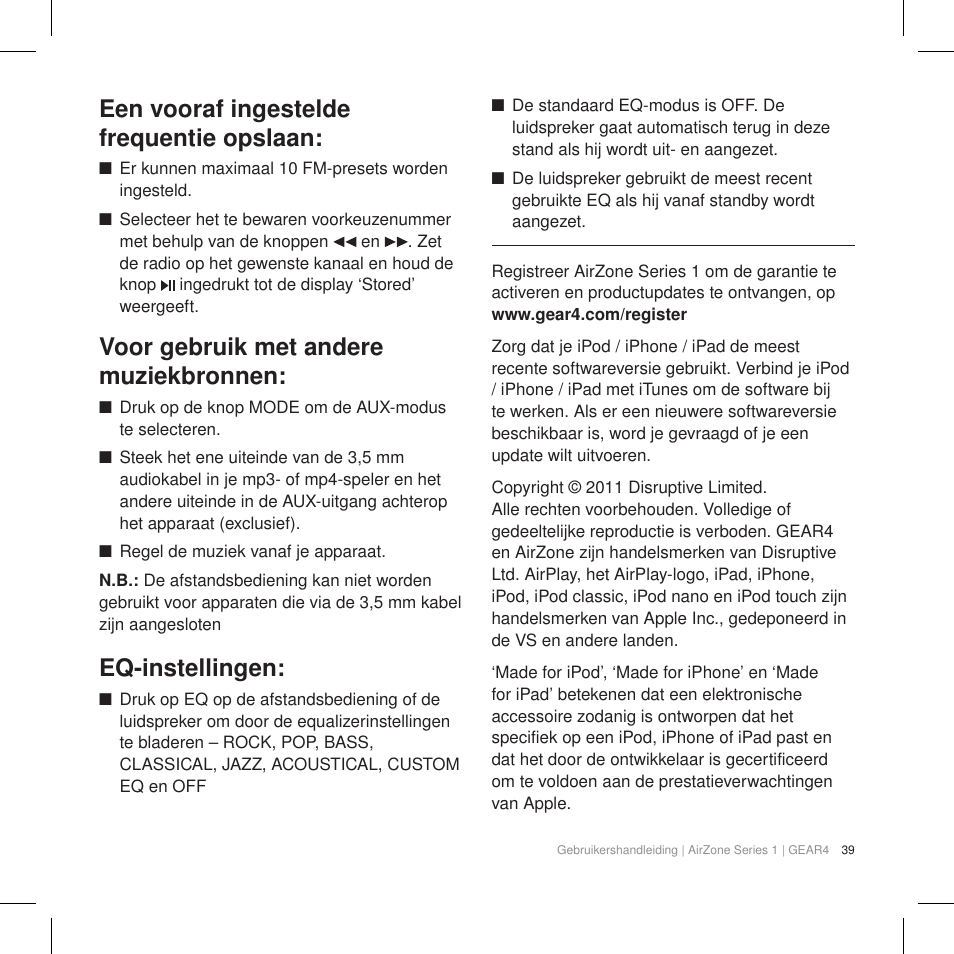 Een vooraf ingestelde frequentie opslaan, Voor gebruik met andere muziekbronnen, Eq-instellingen | GEAR4 AirZone Series 1 User Manual | Page 41 / 62