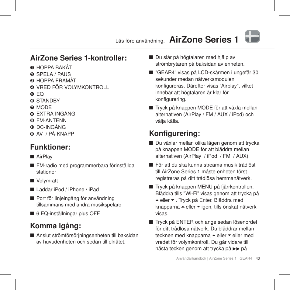 Airzone series 1, Airzone series 1-kontroller, Funktioner | Komma igång, Konfigurering | GEAR4 AirZone Series 1 User Manual | Page 45 / 62