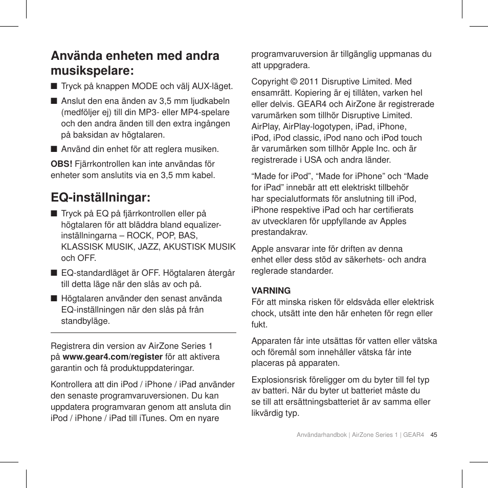 Använda enheten med andra musikspelare, Eq-inställningar | GEAR4 AirZone Series 1 User Manual | Page 47 / 62