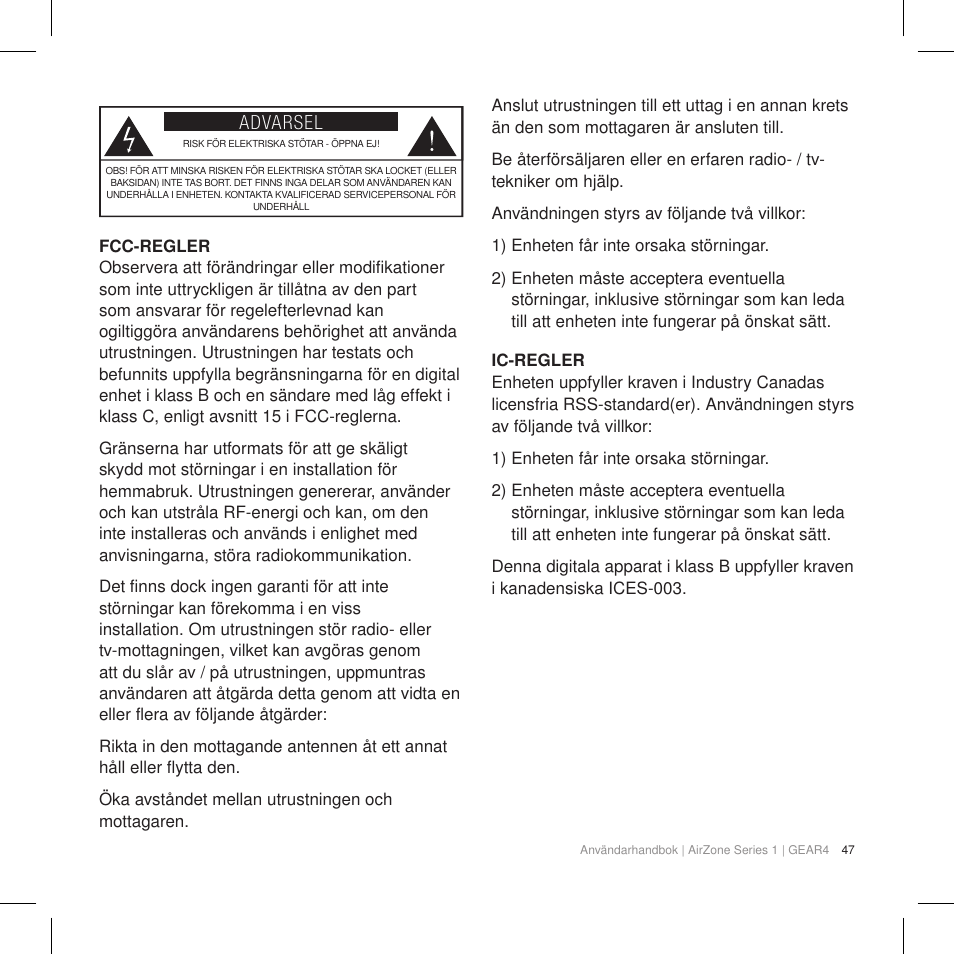 Advarsel | GEAR4 AirZone Series 1 User Manual | Page 49 / 62