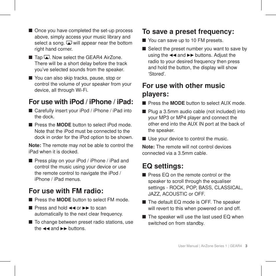 For use with ipod / iphone / ipad, For use with fm radio, For use with other music players | Eq settings | GEAR4 AirZone Series 1 User Manual | Page 5 / 62
