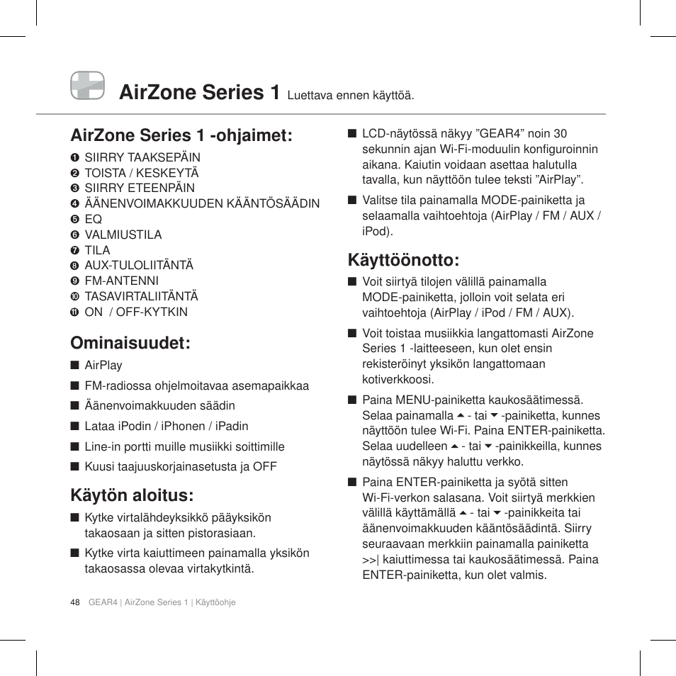 Airzone series 1, Airzone series 1 -ohjaimet, Ominaisuudet | Käytön aloitus, Käyttöönotto | GEAR4 AirZone Series 1 User Manual | Page 50 / 62