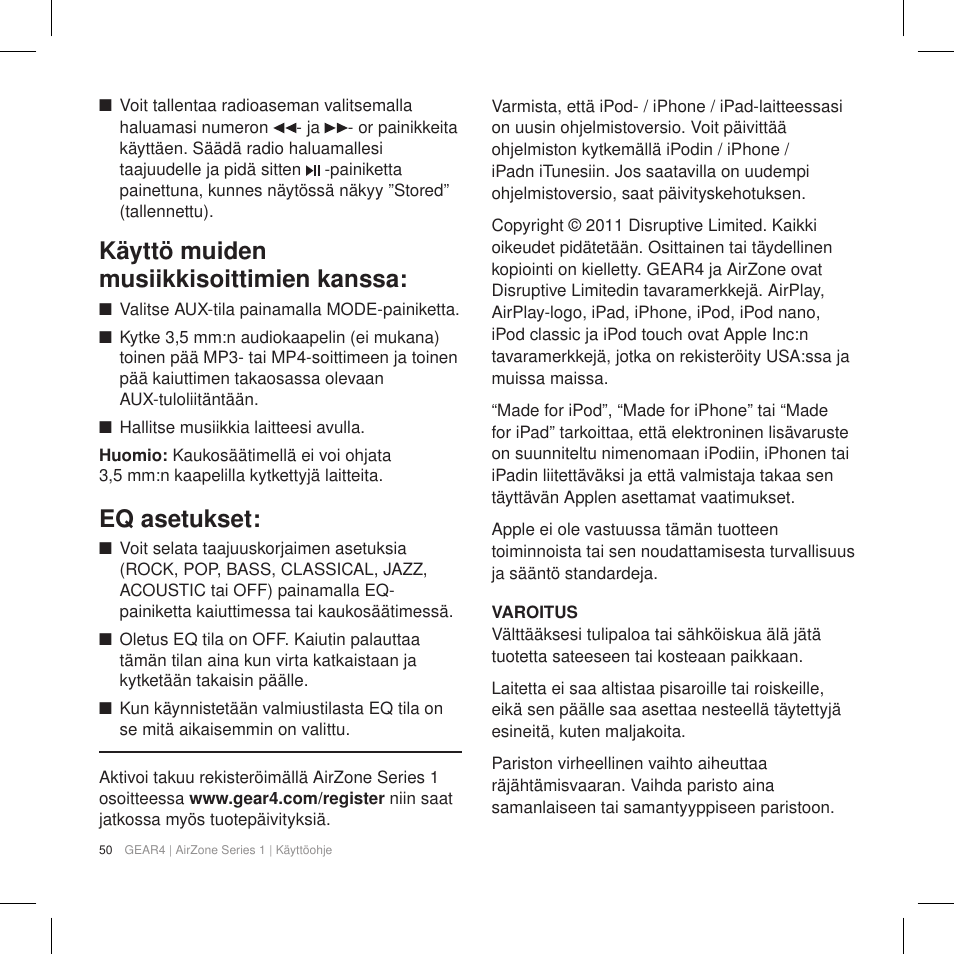 Käyttö muiden musiikkisoittimien kanssa, Eq asetukset | GEAR4 AirZone Series 1 User Manual | Page 52 / 62