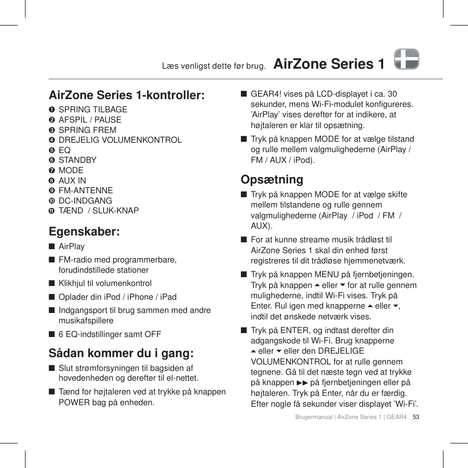 Airzone series 1, Airzone series 1-kontroller, Egenskaber | Sådan kommer du i gang, Opsætning | GEAR4 AirZone Series 1 User Manual | Page 55 / 62