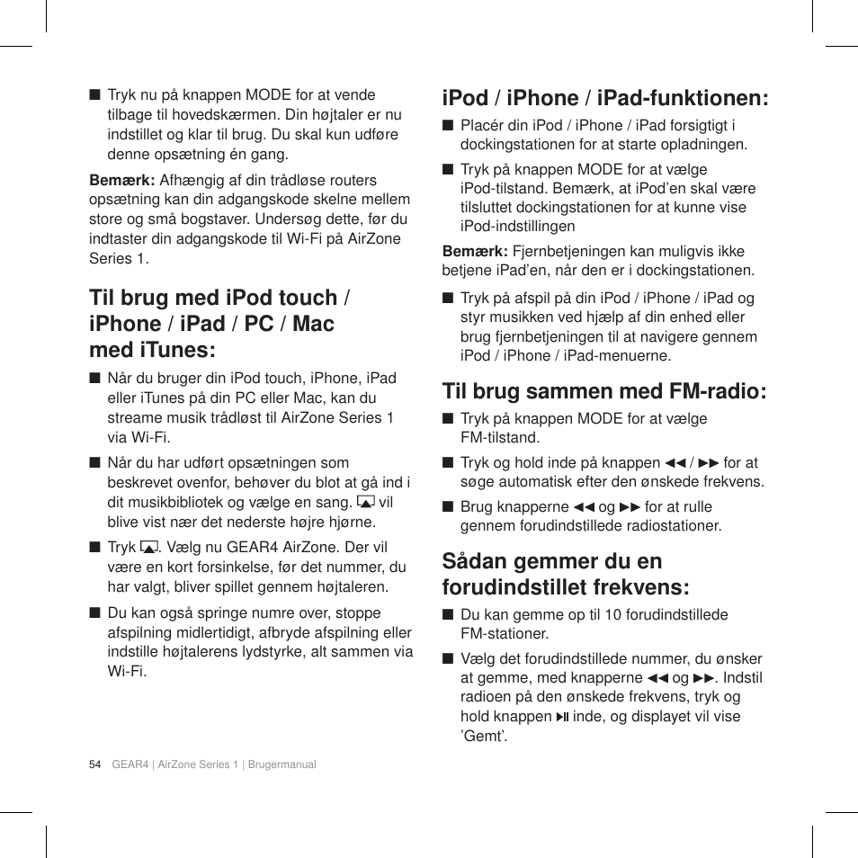 Ipod / iphone / ipad-funktionen, Til brug sammen med fm-radio, Sådan gemmer du en forudindstillet frekvens | GEAR4 AirZone Series 1 User Manual | Page 56 / 62