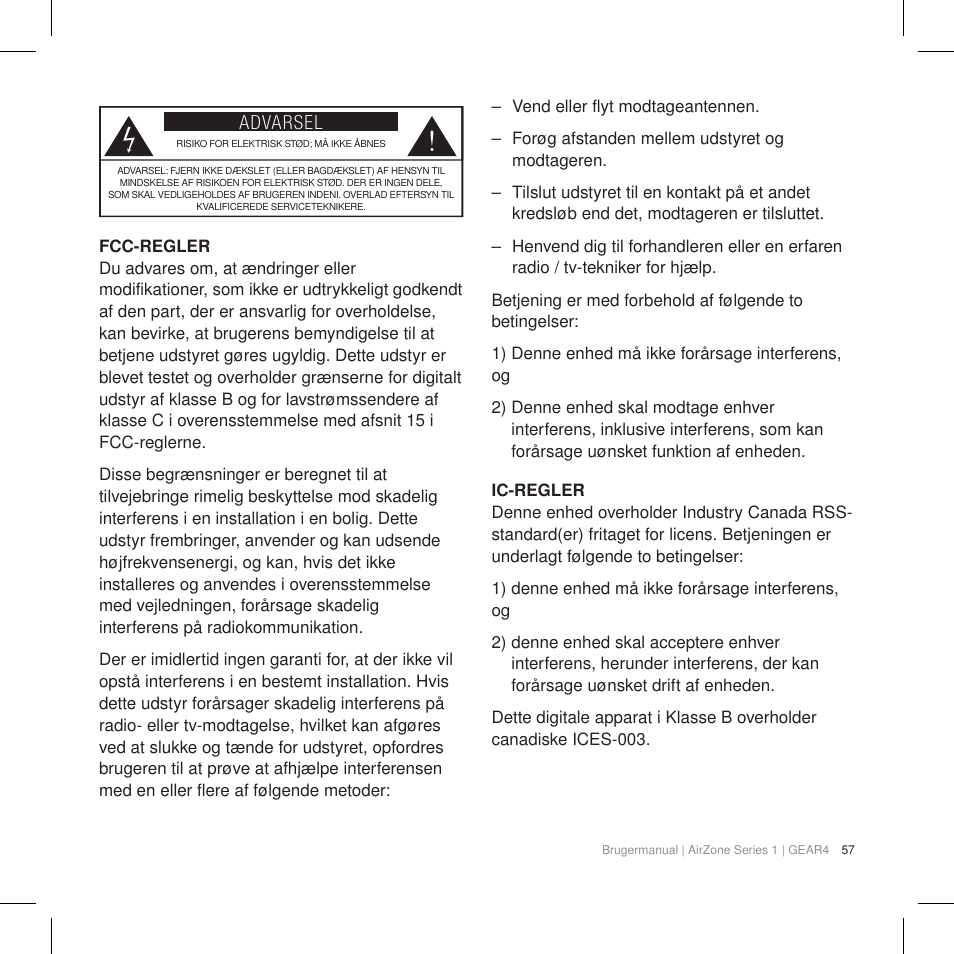 Advarsel | GEAR4 AirZone Series 1 User Manual | Page 59 / 62