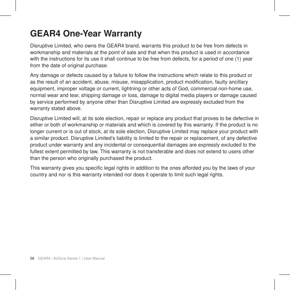 Gear4 one-year warranty | GEAR4 AirZone Series 1 User Manual | Page 60 / 62