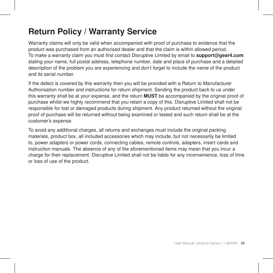 Return policy / warranty service | GEAR4 AirZone Series 1 User Manual | Page 61 / 62