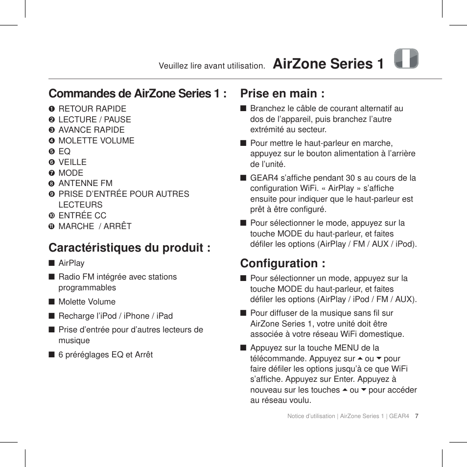 Airzone series 1, Commandes de airzone series 1, Caractéristiques du produit | Prise en main, Configuration | GEAR4 AirZone Series 1 User Manual | Page 9 / 62