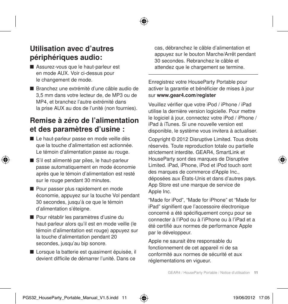 Utilisation avec d’autres périphériques audio | GEAR4 HouseParty Portable User Manual | Page 12 / 71