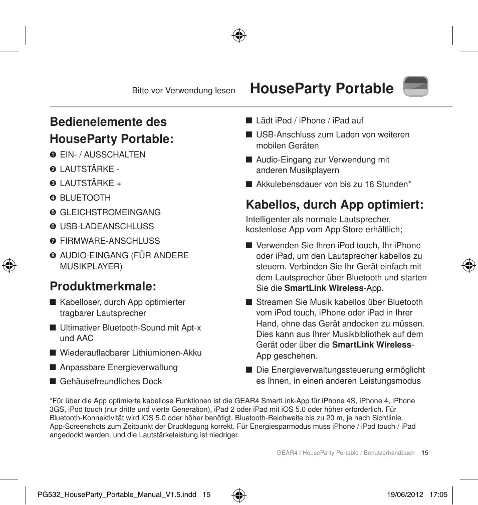 Houseparty portable, Bedienelemente des houseparty portable, Produktmerkmale | Kabellos, durch app optimiert | GEAR4 HouseParty Portable User Manual | Page 16 / 71