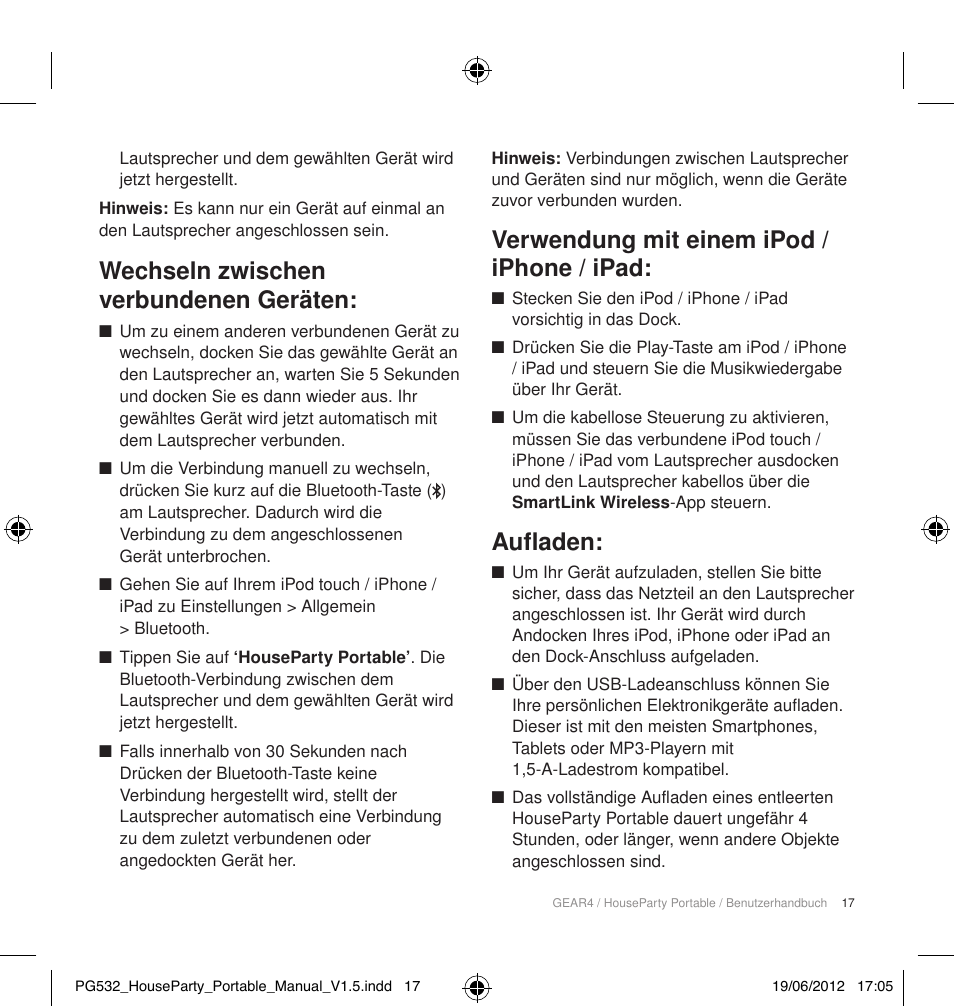 Wechseln zwischen verbundenen geräten, Verwendung mit einem ipod / iphone / ipad, Aufladen | GEAR4 HouseParty Portable User Manual | Page 18 / 71