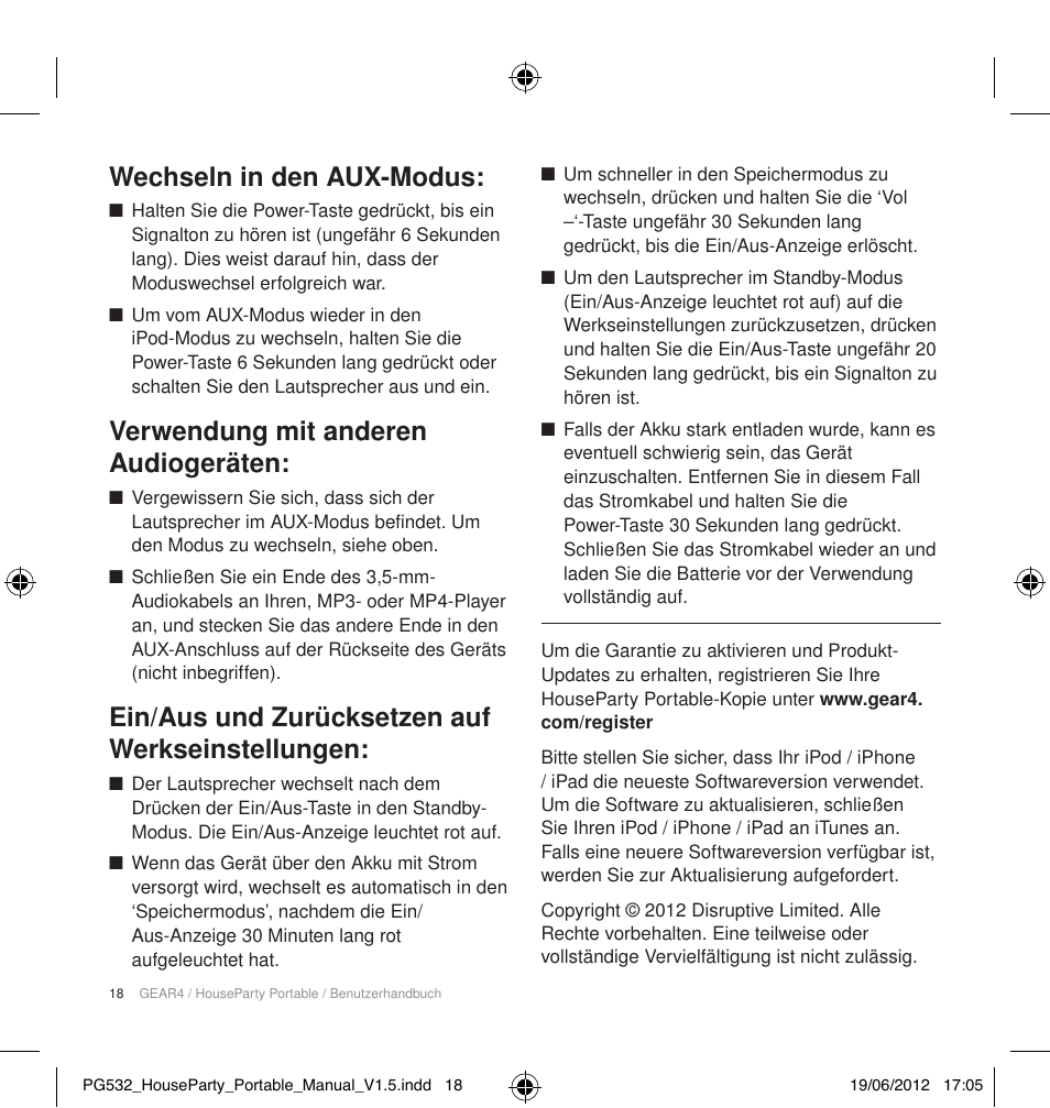 Wechseln in den aux-modus, Verwendung mit anderen audiogeräten, Ein/aus und zurücksetzen auf werkseinstellungen | GEAR4 HouseParty Portable User Manual | Page 19 / 71