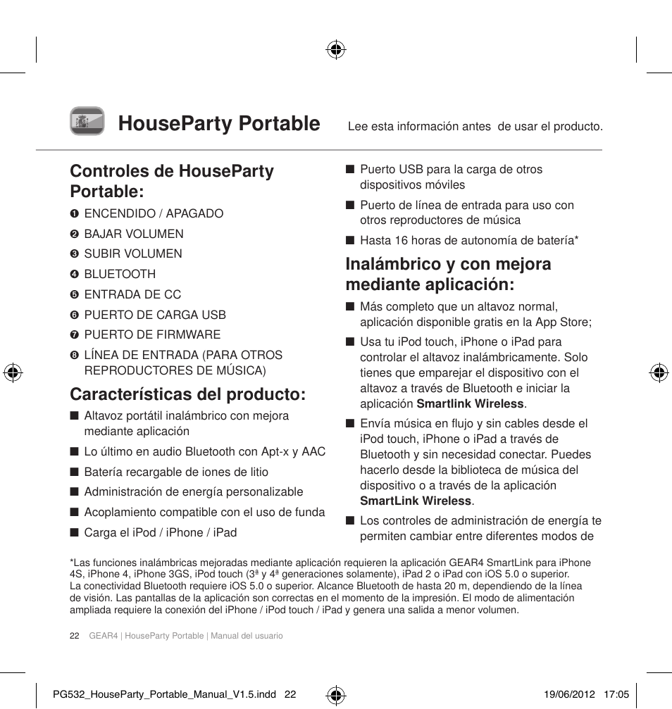 Houseparty portable, Controles de houseparty portable, Características del producto | Inalámbrico y con mejora mediante aplicación | GEAR4 HouseParty Portable User Manual | Page 23 / 71