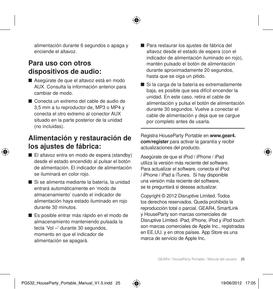 Para uso con otros dispositivos de audio | GEAR4 HouseParty Portable User Manual | Page 26 / 71