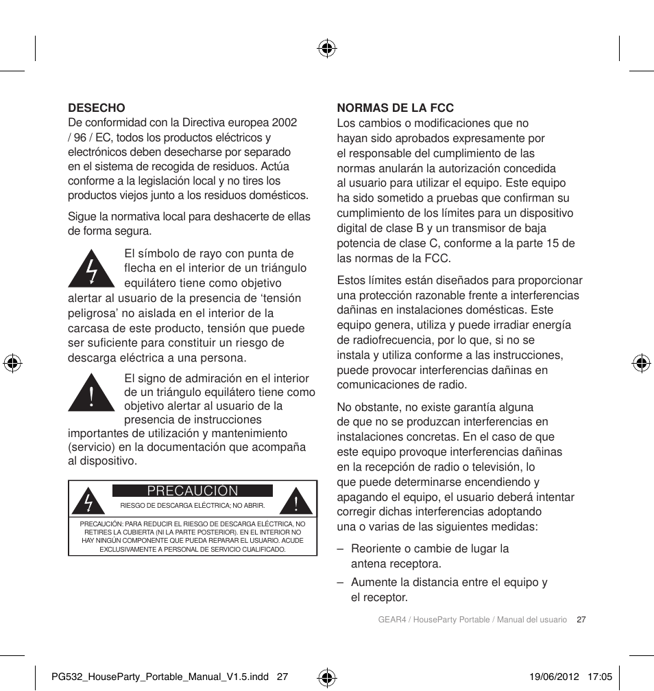 Precaución | GEAR4 HouseParty Portable User Manual | Page 28 / 71