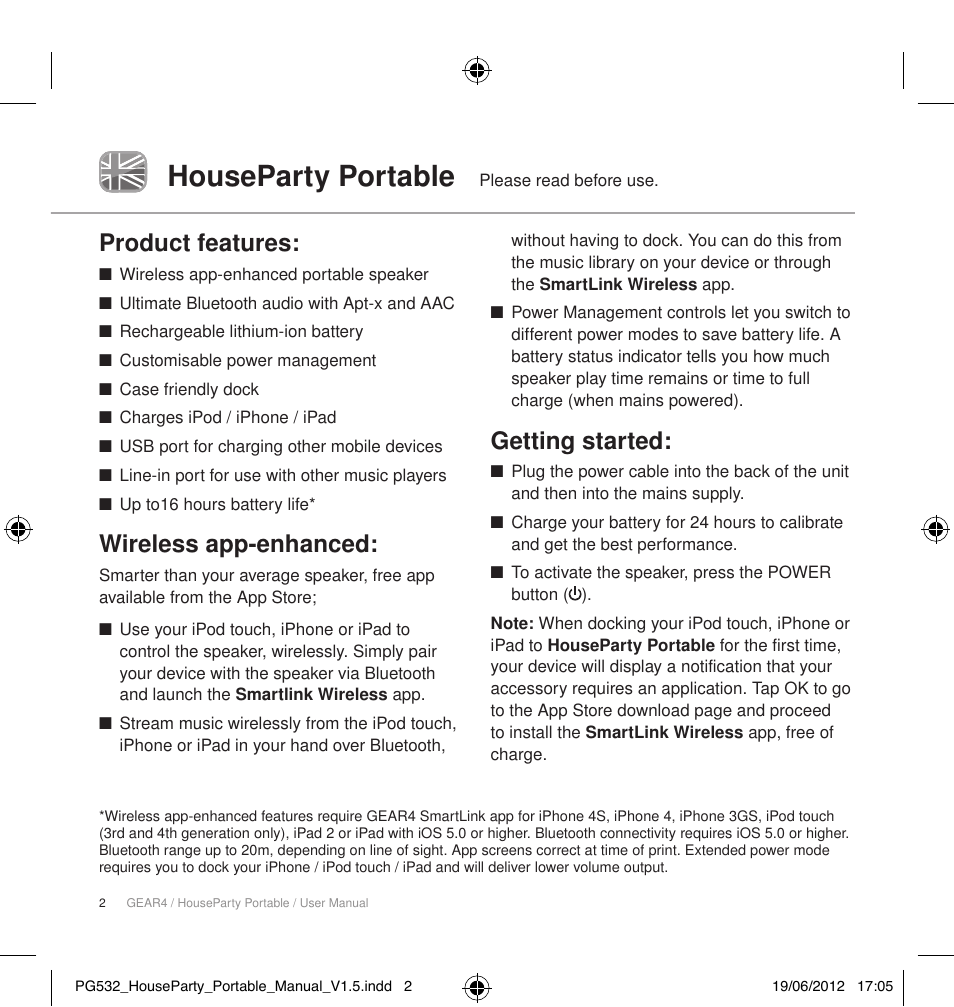 Houseparty portable, Product features, Wireless app-enhanced | Getting started | GEAR4 HouseParty Portable User Manual | Page 3 / 71
