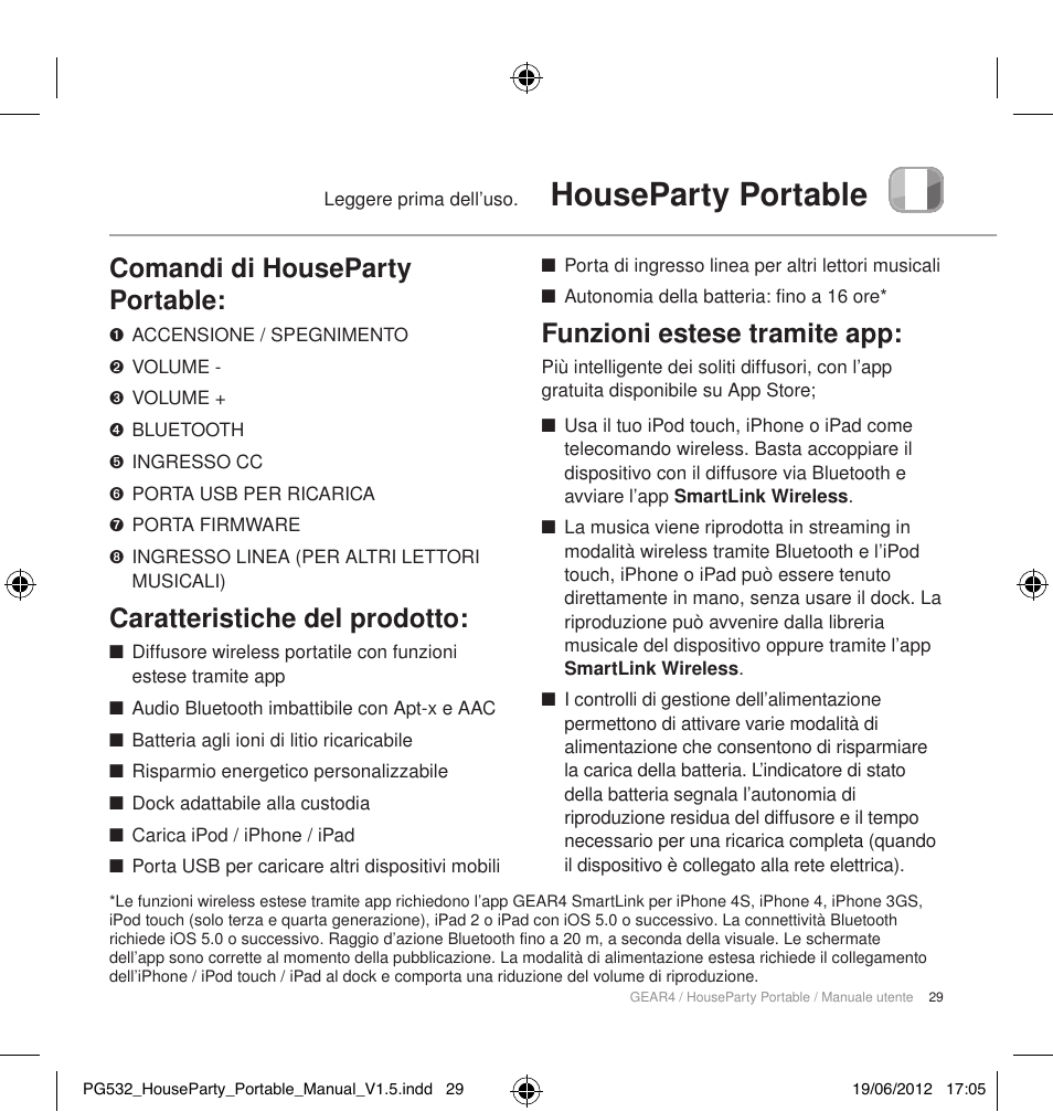 Houseparty portable, Comandi di houseparty portable, Caratteristiche del prodotto | Funzioni estese tramite app | GEAR4 HouseParty Portable User Manual | Page 30 / 71