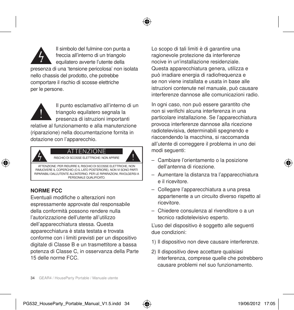 Attenzione | GEAR4 HouseParty Portable User Manual | Page 35 / 71